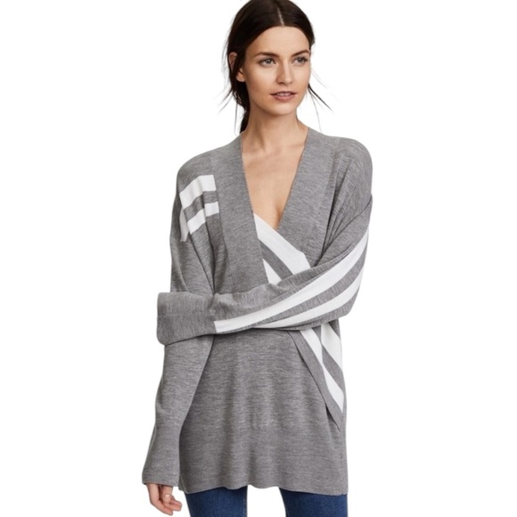 RAG & BONE Grace Sweater Fine Merino Wool Knit | Grey+Ivory V-Neck Striped | XS - Picture 1 of 14